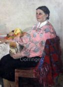 20th century Russian Schooloil on canvasWoman seated at a table34.5 x 25.5in., unframed