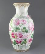 A large Minton bone china baluster vase, c.1850-60, finely painted with pink roses and leaves on a