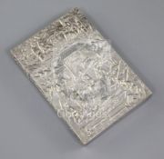 A Chinese export silver card case, 19th century, maker's mark L.W., embossed with figures amid