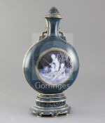 A Mintons pate-sur-pate earthenware flask and cover, by Lawrence Birks decorated with cherubs