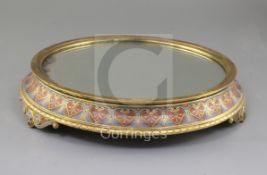 An Elkington & Co champleve enamel and gilt metal mirrored plateau, late 19th century on scroll
