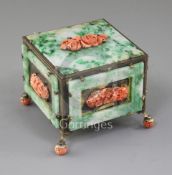 A Chinese jadeite and coral mounted silver-gilt trinket box, with 19th century carved coral