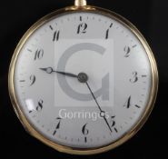 A 19th century Swiss? 18ct gold open face quarter repeating keywind pocket watch, with Arabic dial