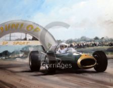 § Dion Pears (1929-1985)gouache and watercolourJack Brabham in his Repco-Brabham on his way to