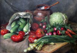 Nikolai Kalmykov (1924-1994)oil on cardStill life of vegetables on a table topsigned and dated