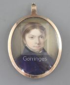 19th century English Schooloil on ivoryMiniature portrait of a young man wearing a blue coat and