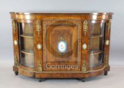 A Victorian ormolu mounted marquetry inlaid walnut credenza, inset with Sevres style porcelain