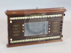 A Burroughes & Watts mahogany snooker and billiards scoreboard, with ivory pointers and mother of