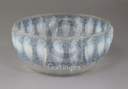 A Rene Lalique Perruches pattern opalescent bowl (coupe), model 419, design c.1931, with blue