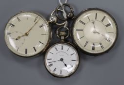 Three assorted silver pocket watches including one by William Curphy, Douglas and one by Sir John