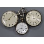 Three assorted silver pocket watches including one by William Curphy, Douglas and one by Sir John