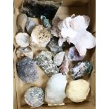 A millefiore glass paperweight and assorted mineral specimens, boxed