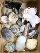 A millefiore glass paperweight and assorted mineral specimens, boxed