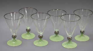 A set of six Art Deco green and silver champagne flutes