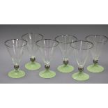 A set of six Art Deco green and silver champagne flutes