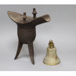 A Chinese iron archaic style vessel and a bronze bell 29.5cm