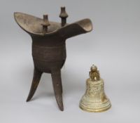 A Chinese iron archaic style vessel and a bronze bell 29.5cm