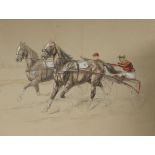 Continental School, pair of hand tinted lithographs, horse racing scenes, indstinctly signed, 44 x