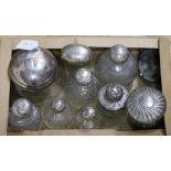 Nine assorted silver mounted scent bottles, dressing table jars etc. and a silver trinket box.