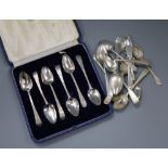 A set of six Georgian bright cut teaspoons and eleven others items of flatware.