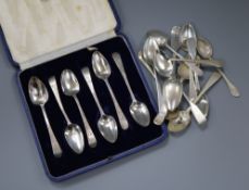 A set of six Georgian bright cut teaspoons and eleven others items of flatware.