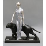 An Art Deco figural model of a lady and panther, signed Limousin height 45cm