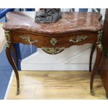 A Louis XVI-style kingwood side table with serpentine marble top and frieze drawer 97cm