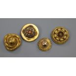 Three assorted Victorian yellow metal brooches and a similar coral set pendant brooch, largest