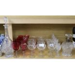 A quantity of glass including cranberry and two decanters (one silver collar)