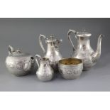 A good Victorian five piece silver tea and coffee service by Frederick Elkington, with engraved