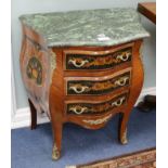 A pair of Louis XV design marble top bombe bedside chests W.64cm