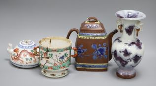 A Chinese kangxi famille verte pot, a Yixing teapot, a 'dragon' teapot and a Jun type vase tallest