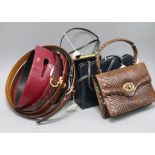 Five ladies' designer leather belts and three handbags, comprising a Charles Jourdan dark red