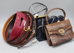 Five ladies' designer leather belts and three handbags, comprising a Charles Jourdan dark red