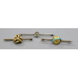 Three assorted early 20th century yellow metal and gem set bar brooches.