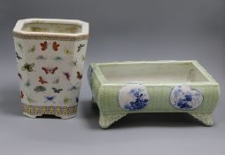 A Chinese famille rose jardiniere and a celadon ground jardiniere tallest 23cm