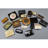 A collection of snuff boxes, a tortoiseshell purse, compacts, etc.