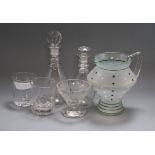 Two early decanters, three glasses and a Deco jug