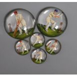 A six piece Essex crystal cricket related unmounted dress stud set, each decorated with a