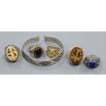 Five assorted white metal and gem set "Peking" rings including amethyst and ivory and a Chinese