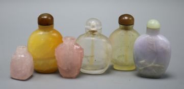 Six Chinese hardstone snuff bottles, in jadeite and quartz