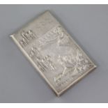 A Chinese export silver card case, by Woshing c.1870-1900, embossed with figures in landscape with