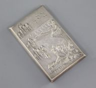 A Chinese export silver card case, by Woshing c.1870-1900, embossed with figures in landscape with