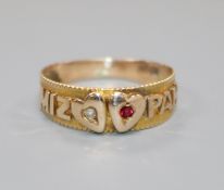 A late Victorian 9ct gold and gem set "Mizpah" ring, size O.
