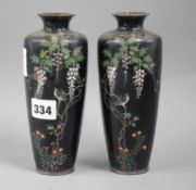 A pair of Japanese cloisonne enamel vases, decorated with flowering prunus, irises and other flowers