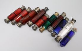 Ten 19th century double-ended coloured glass scent bottles