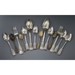 Assorted silver flatware including King's, hourglass and fiddle patterns.