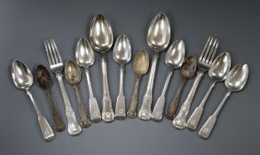 Assorted silver flatware including King's, hourglass and fiddle patterns.