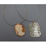 Two 925 sterling necklets, one with carved jadeite pendant and 14k bale and one with cameo