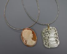 Two 925 sterling necklets, one with carved jadeite pendant and 14k bale and one with cameo